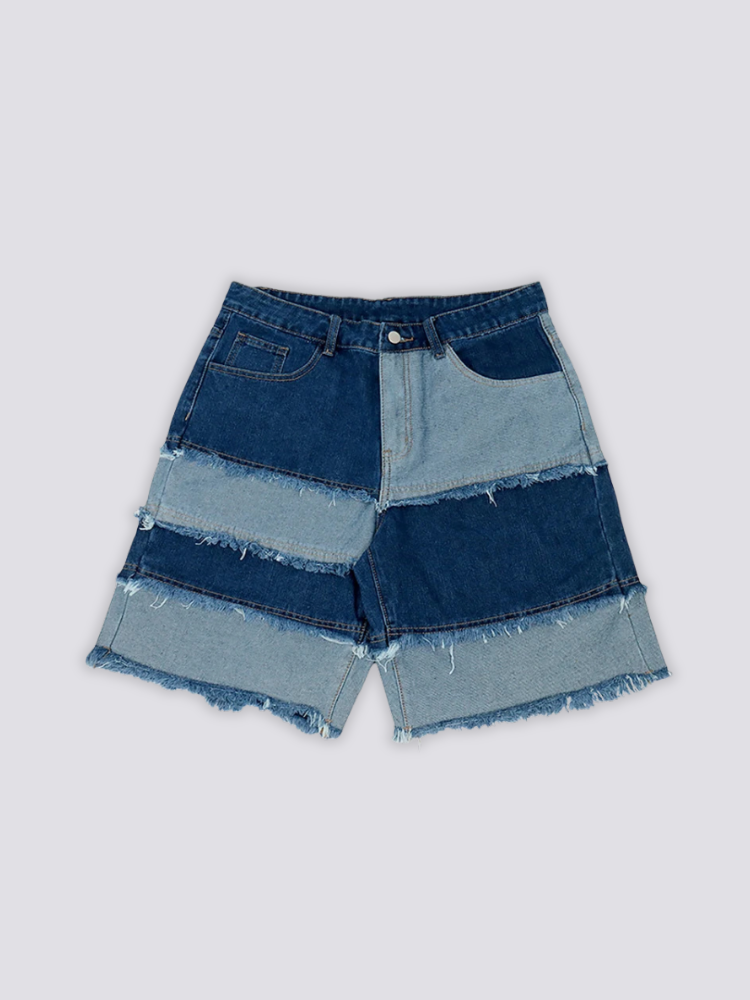 Frayed Seam Patchwork Shorts 'Hotsure' – flat lay front view of the blue patchwork denim shorts