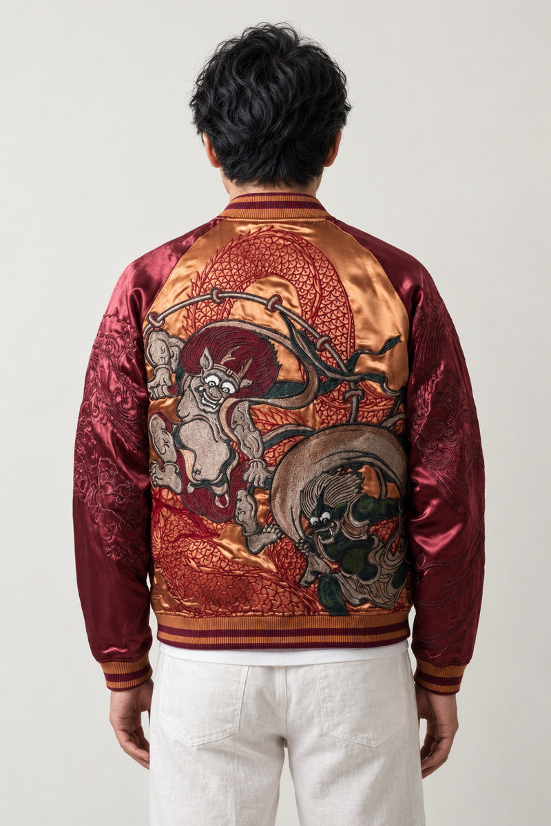 Fujin and Raijin Sukajan 'Furai' – back view of the burgundy and orange version, embroidered wind god and thunder god on the back