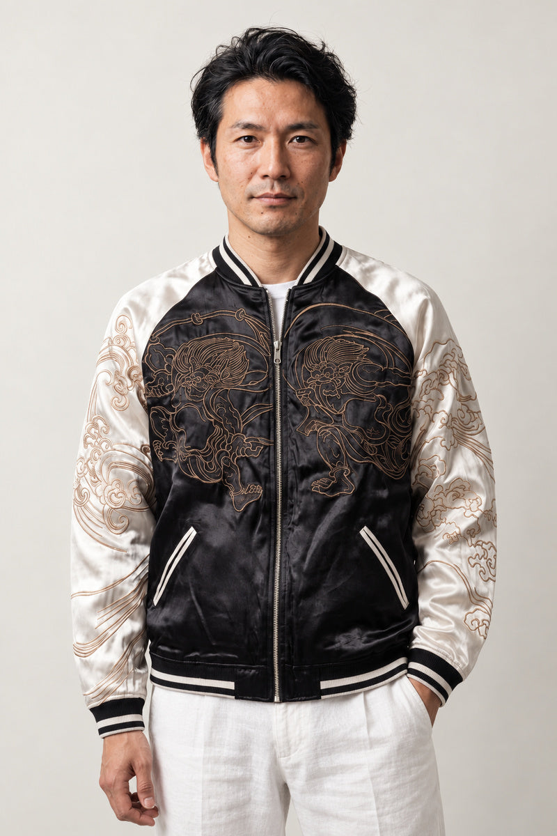 Fujin and Raijin Sukajan 'Furai' – black and cream version, sukajan with embroidered Fujin and Raijin, front view on model