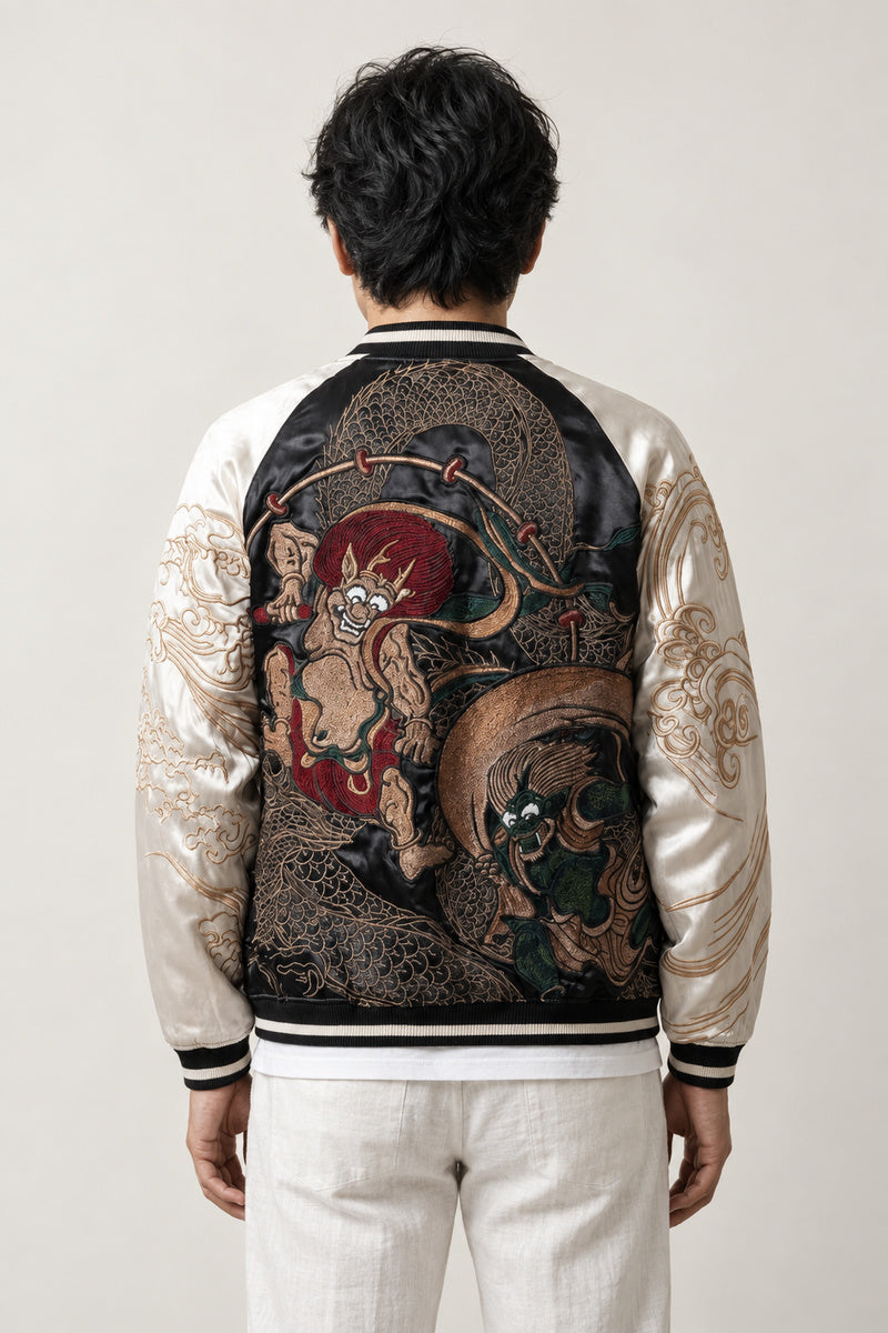 Fujin and Raijin Sukajan 'Furai' – back view of the black and cream version, embroidered Fujin and Raijin gods on the back