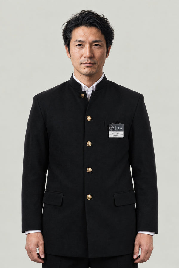 Gakuran 'Tsumeeri' – black gakuran Japanese boys' school uniform jacket with stand collar and gold buttons, front view on model