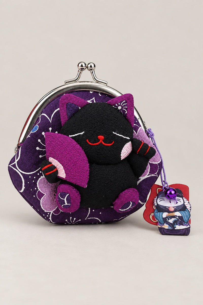 Gamagucci – purple gamaguchi clasp purse with plush black lucky cat holding a fan, Japanese coin purse, studio view