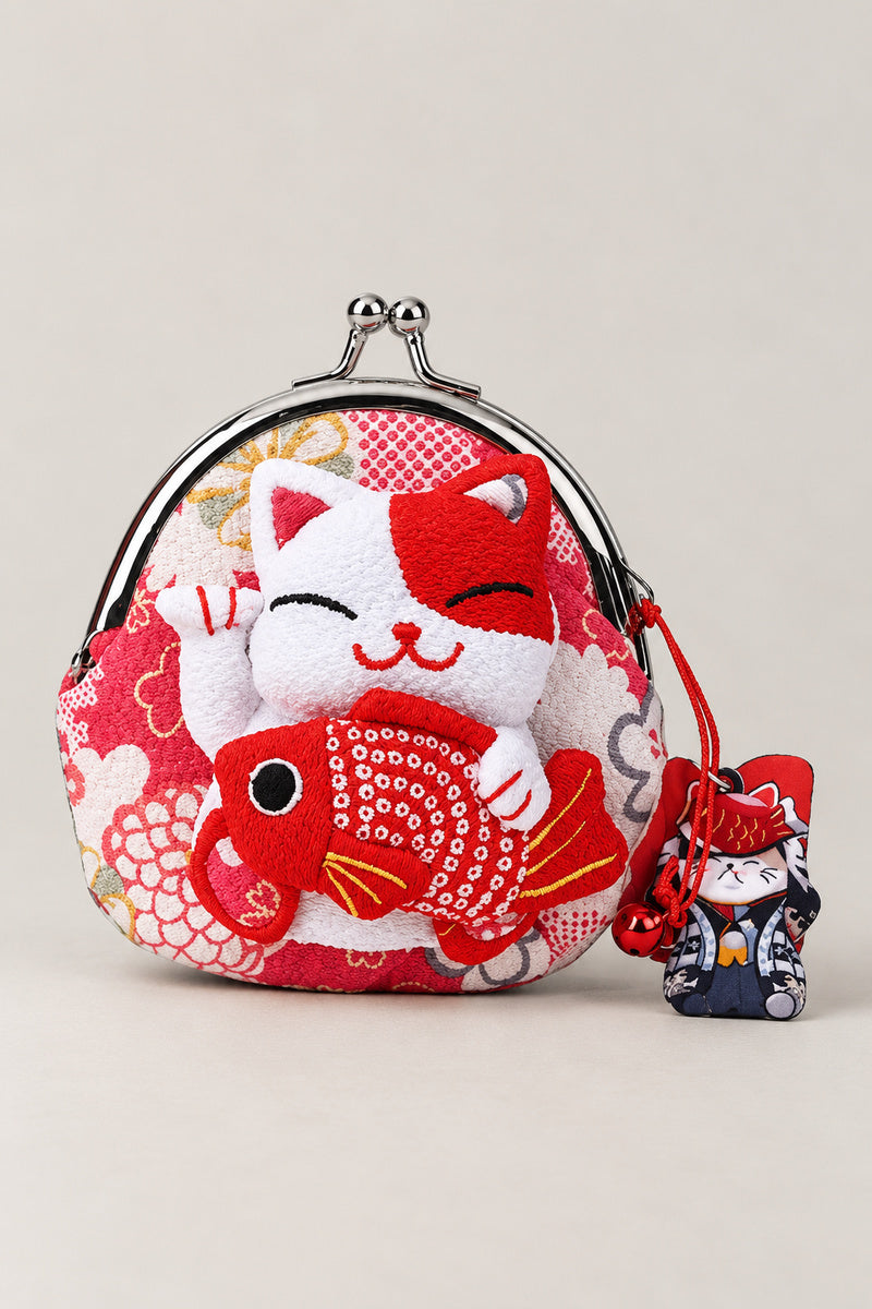 Gamagucci – white and red gamaguchi clasp purse with plush lucky cat holding a fish, Japanese coin purse, studio view