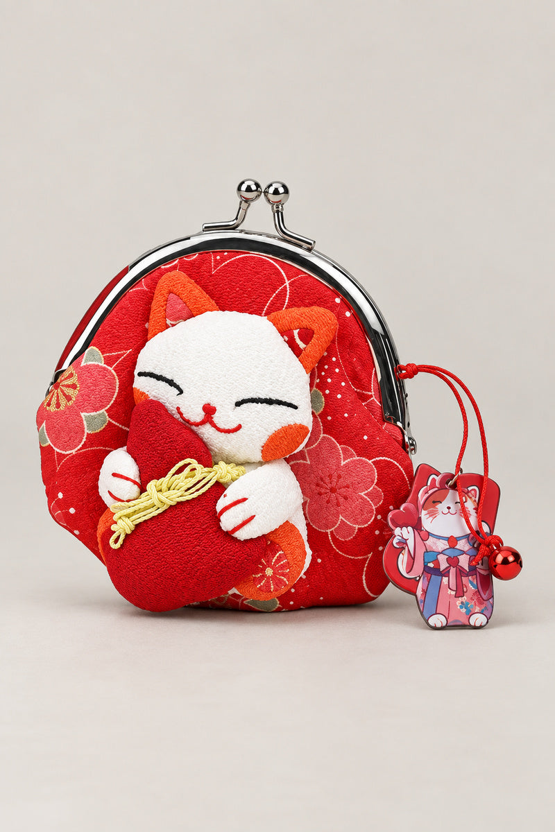 Gamagucci – red gamaguchi clasp purse with plush lucky cat holding a mallet, Japanese coin purse, studio view