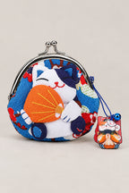 Gamagucci – dark blue gamaguchi clasp purse with plush lucky cat holding a fan, Japanese coin purse, studio view
