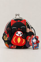 Gamagucci – black gamaguchi clasp purse with plush black lucky cat and daruma, Japanese coin purse, studio view