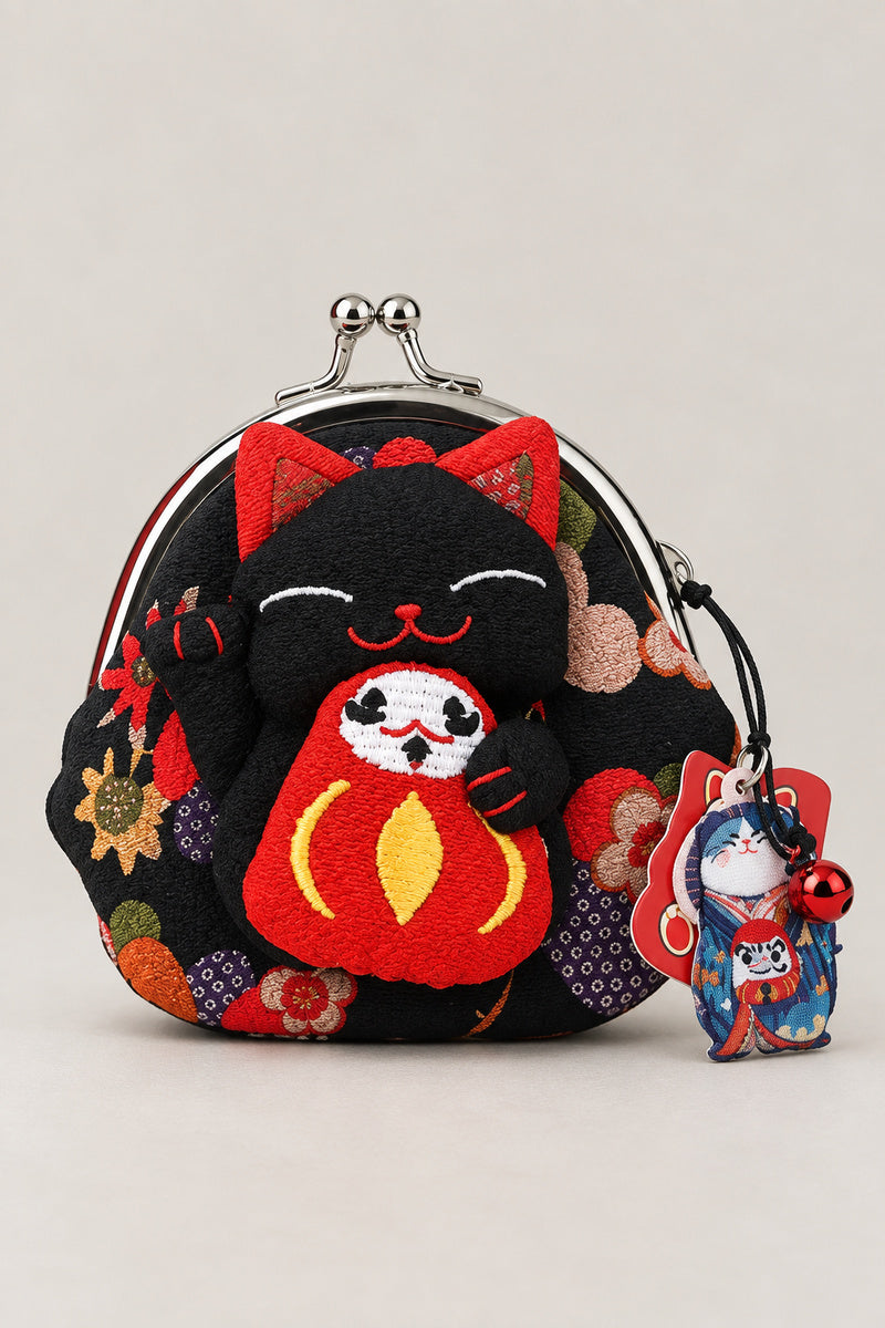 Gamagucci – black gamaguchi clasp purse with plush black lucky cat and daruma, Japanese coin purse, studio view