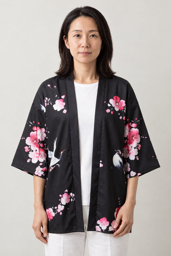 Geisha Portrait Kimono Jacket 'Karyukai' – black women's kimono jacket with geisha portrait and cherry blossom print, Japanese haori style cardigan, front view on model