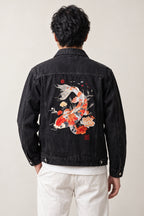 Glow Koi Embroidered Denim Jacket 'Hotaru' – back view of black denim jacket showing the embroidered koi carp and flowers