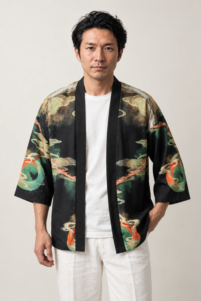 Gold and Jade Dragon Kimono Jacket 'Kinryu' – black Japanese kimono jacket with gold and jade green dragon and cloud print, unisex haori cardigan, front view on model