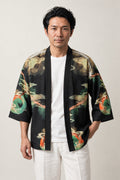 Gold and Jade Dragon Kimono Jacket 'Kinryu' – black Japanese kimono jacket with gold and jade green dragon and cloud print, unisex haori cardigan, front view on model