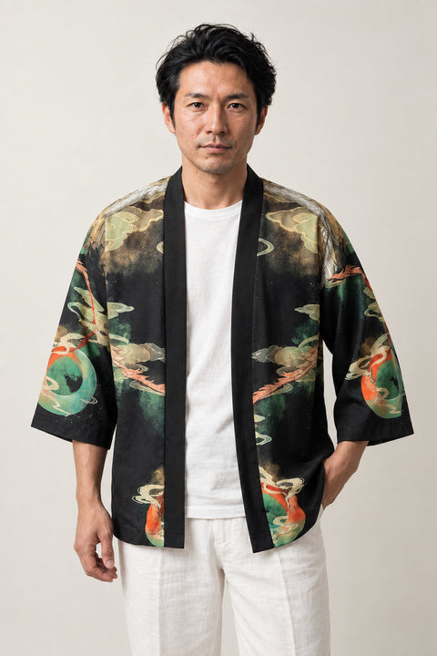 Gold and Jade Dragon Kimono Jacket 'Kinryu' – black Japanese kimono jacket with gold and jade green dragon and cloud print, unisex haori cardigan, front view on model