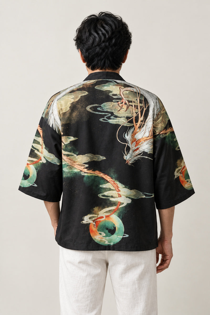 Gold and Jade Dragon Kimono Jacket 'Kinryu' – back view of black kimono jacket showing the full gold and green dragon print
