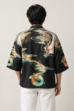 Gold and Jade Dragon Kimono Jacket 'Kinryu' – back view of black kimono jacket showing the full gold and green dragon print