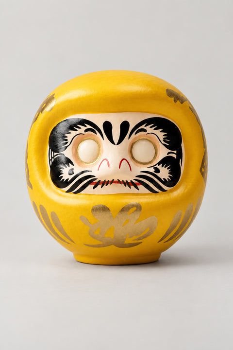 Gold Daruma Doll 'Fukudaruma' – yellow gold matte ceramic daruma doll with blank eyes to paint and a gold character on the belly, Japanese wishing doll, studio view