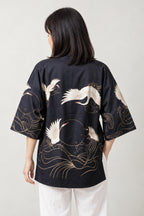 Gold Line Crane Kimono Jacket 'Kinpa' – back view of black kimono jacket with gold outlined cranes over waves