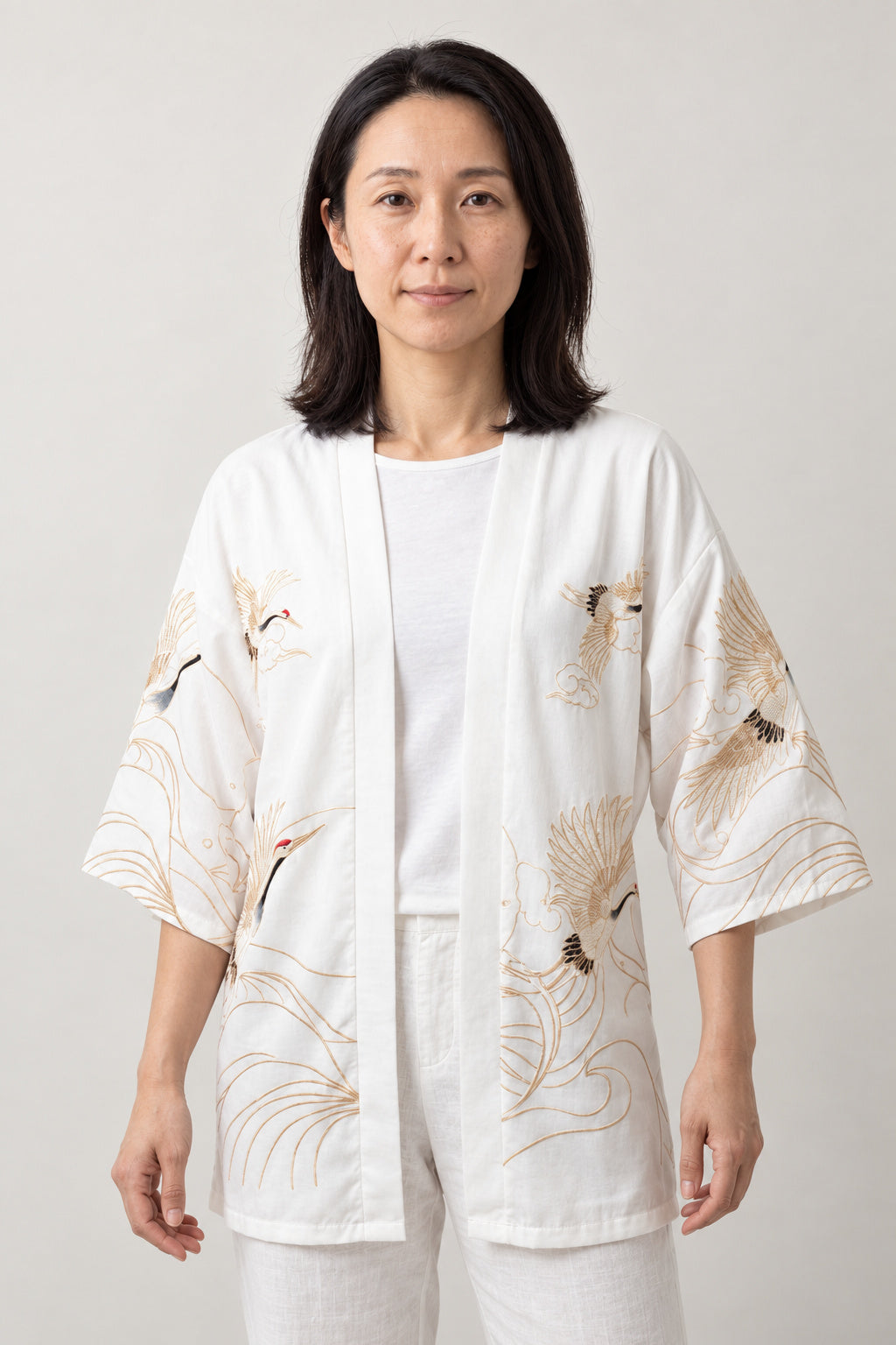 Gold Line Crane Kimono Jacket 'Kinpa' – white version of the gold line crane kimono jacket, Japanese haori cardigan, front view on model