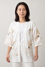 Gold Line Crane Kimono Jacket 'Kinpa' – white version of the gold line crane kimono jacket, Japanese haori cardigan, front view on model