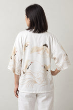 Gold Line Crane Kimono Jacket 'Kinpa' – back view of white kimono jacket with gold crane and wave line print