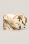 Gold Obi Belt 'Kinsui' – gold brocade obi with silver flowers and flowing water pattern, wide pre-tied brocade obi belt with sewn bow for women's kimono or yukata, studio view
