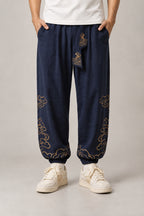 Golden Cloud Tobi Pants 'Saiun' – navy golden cloud tobi pants, side view on model
