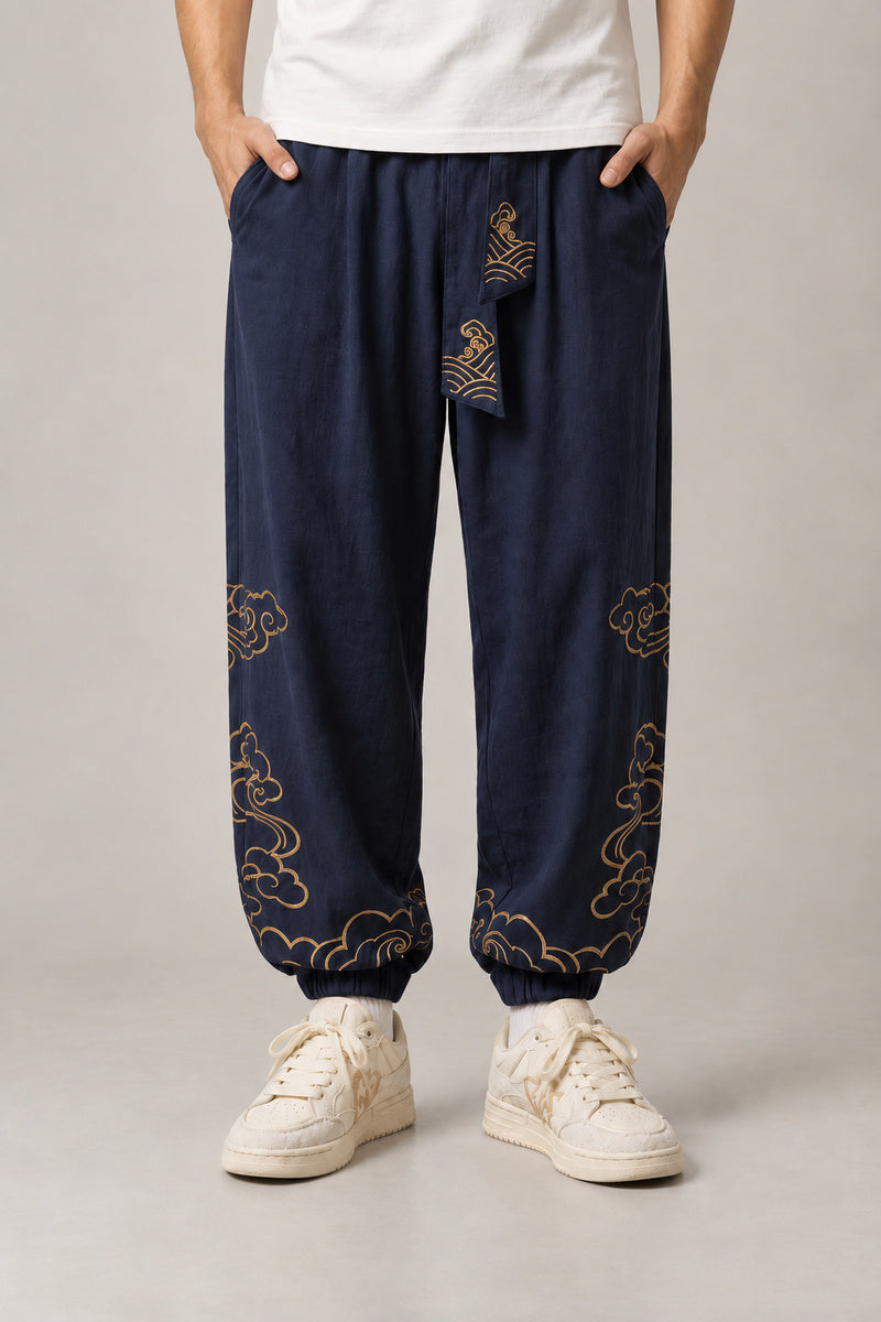 Golden Cloud Tobi Pants 'Saiun' – navy golden cloud tobi pants, side view on model
