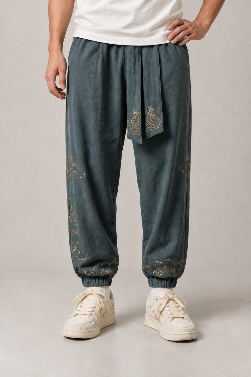 Golden Cloud Tobi Pants 'Saiun' – teal version of the golden cloud tobi pants, front view on model