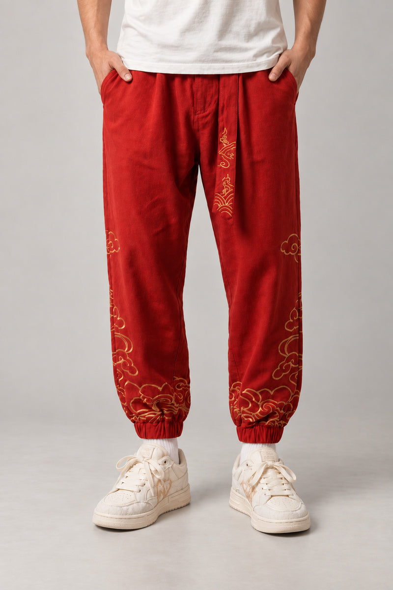 Golden Cloud Tobi Pants 'Saiun' – red version of the golden cloud tobi pants, front view on model
