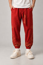 Golden Cloud Tobi Pants 'Saiun' – red version of the golden cloud tobi pants, front view on model