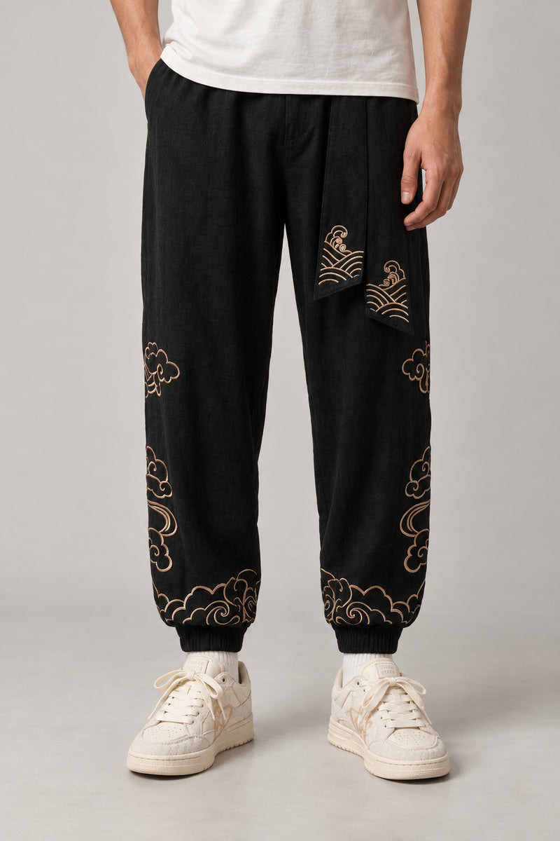 Golden Cloud Tobi Pants 'Saiun' – black golden cloud tobi pants with sash, front view on model