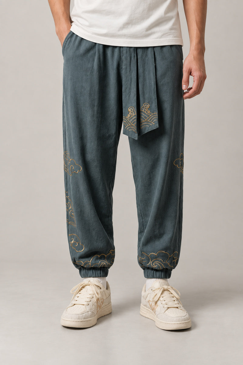 Golden Cloud Tobi Pants 'Saiun' – teal golden cloud tobi pants, front view on model