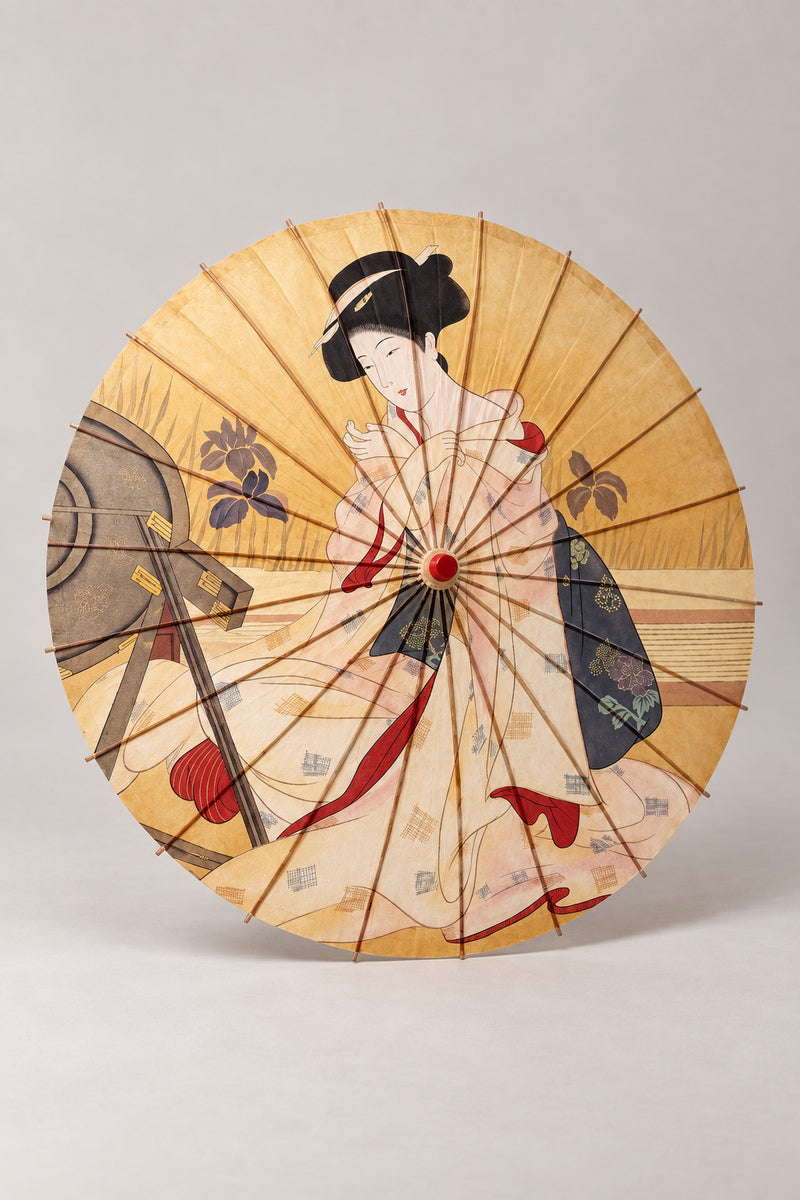 Golden Kimono Lady Umbrella 'Kinbijin' – golden parasol printed with a woman in pale kimono at her mirror in ukiyo-e style, Japanese wagasa parasol with wooden frame and paper-effect canopy, open, studio view