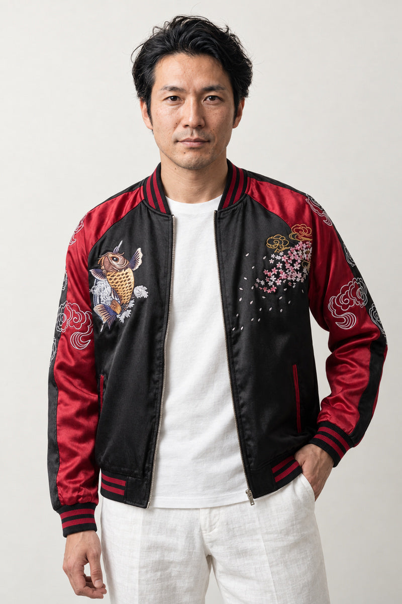 Golden Koi Souvenir Jacket 'Kinrin' – black and red sukajan with embroidered golden koi carp, Japanese sukajan souvenir bomber jacket, front view on model