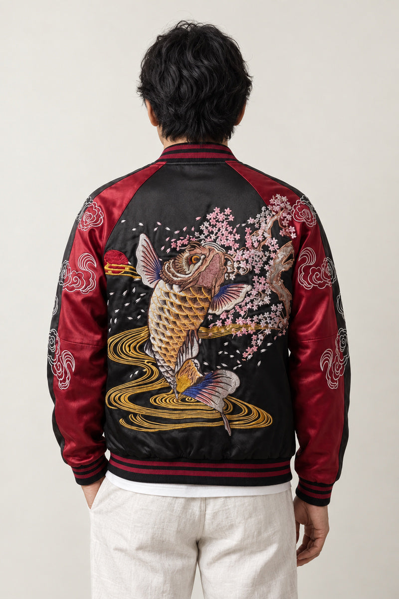 Golden Koi Souvenir Jacket 'Kinrin' – back view of the black and red version, embroidered leaping koi carp with waves and blossom on the back