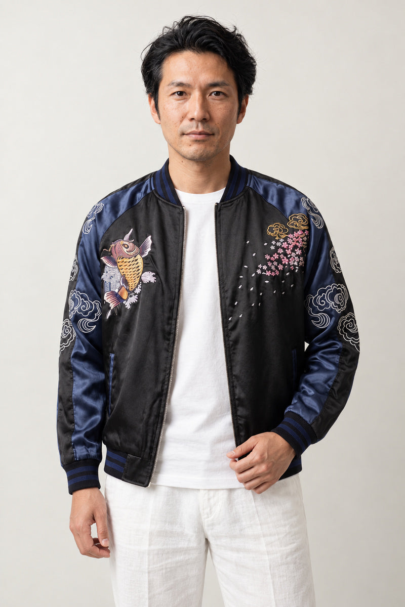Golden Koi Souvenir Jacket 'Kinrin' – black and navy version, sukajan with embroidered koi carp, front view on model