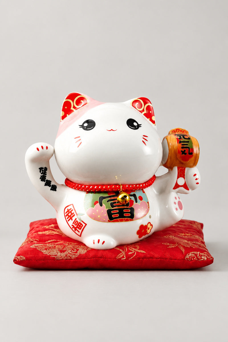 Golden Mallet Lucky Cat Bank 'Kozuchi' – round-eyed white ceramic lucky cat bank holding a gold mallet with a red fortune character on the belly, Japanese maneki neko lucky cat figurine on a red brocade cushion, studio view