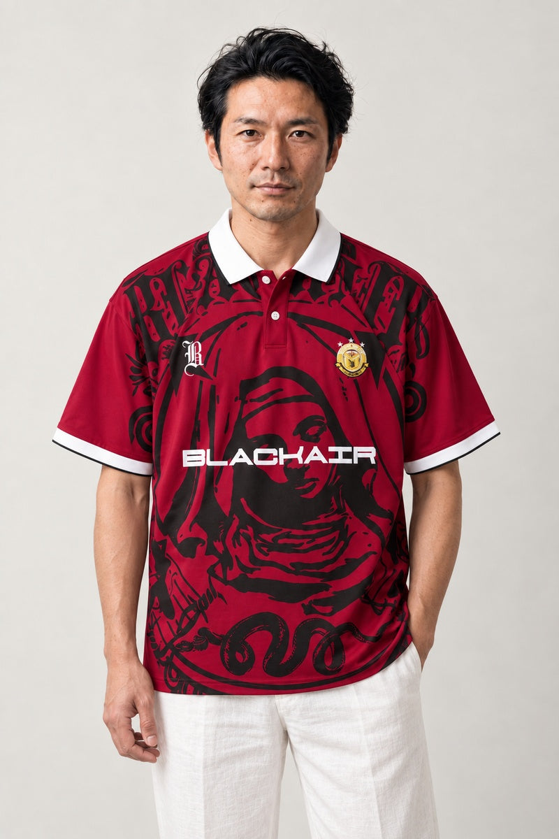Gothic Football Jersey Shirt 'Kokuin' – burgundy short sleeve football jersey style shirt with gothic print, Japanese streetwear polo, front view on model