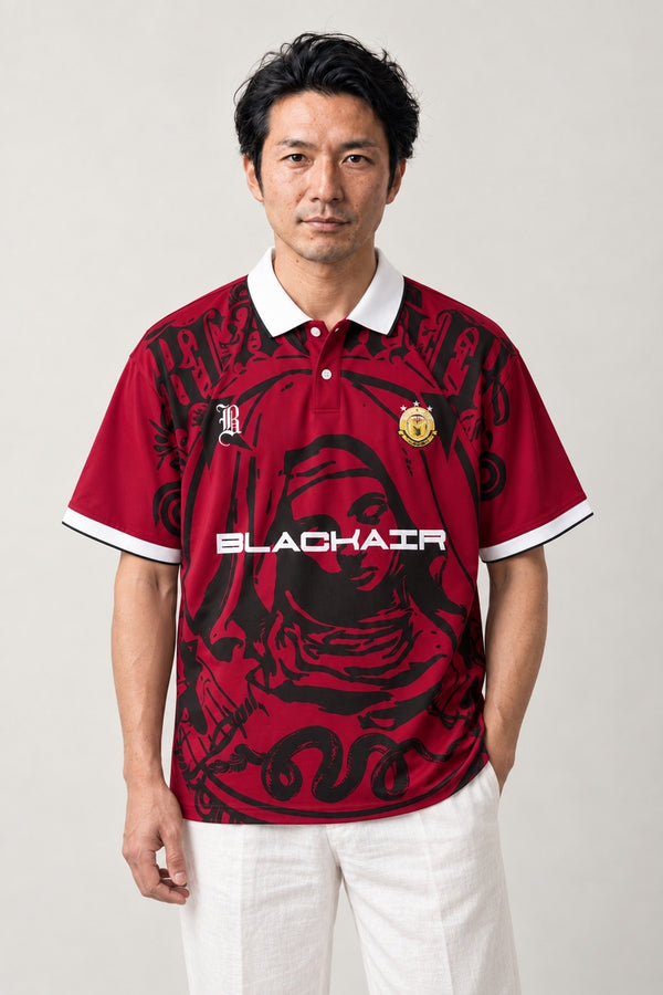 Gothic Football Jersey Shirt 'Kokuin' – burgundy short sleeve football jersey style shirt with gothic print, Japanese streetwear polo, front view on model