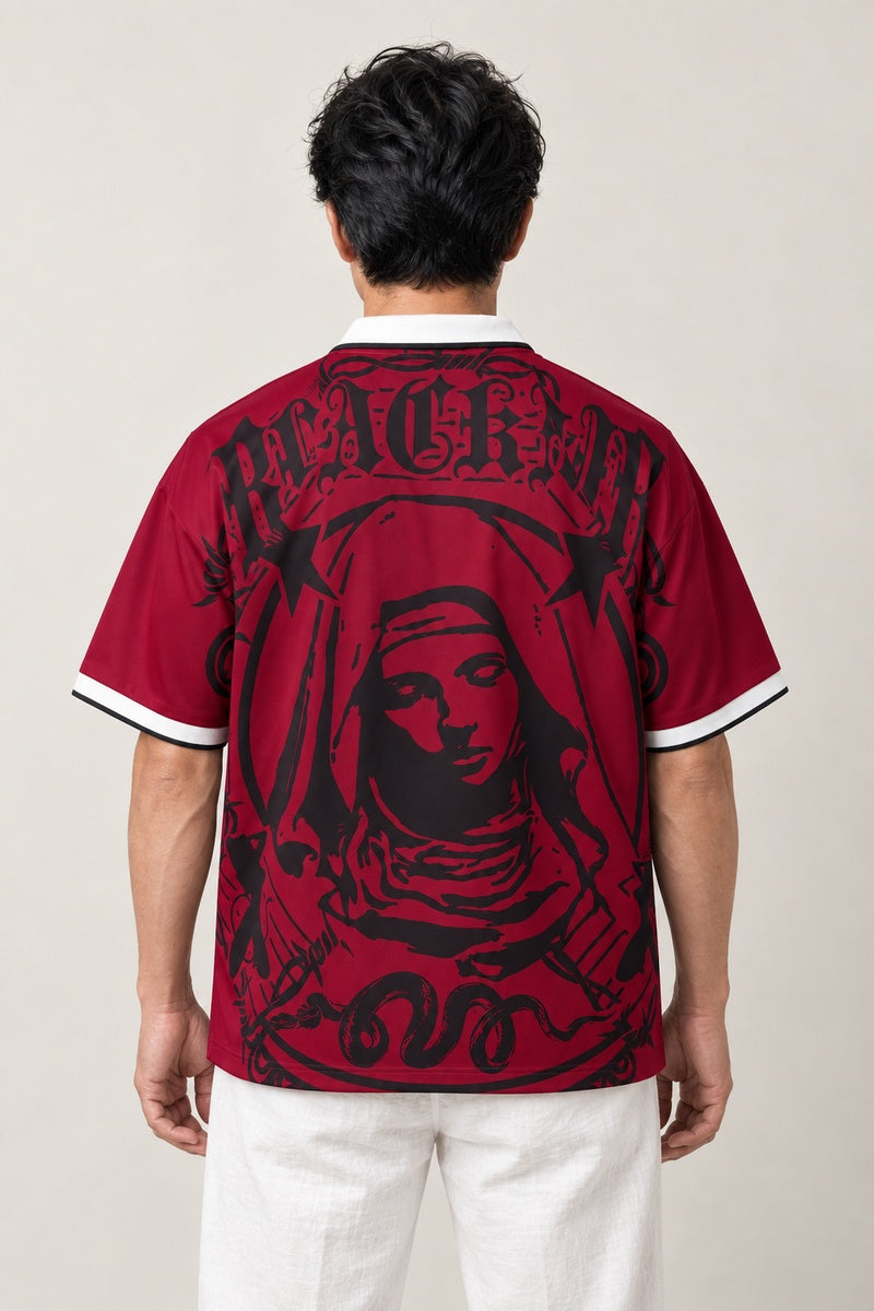 Gothic Football Jersey Shirt 'Kokuin' – back view of the burgundy gothic football jersey showing the large graphic print