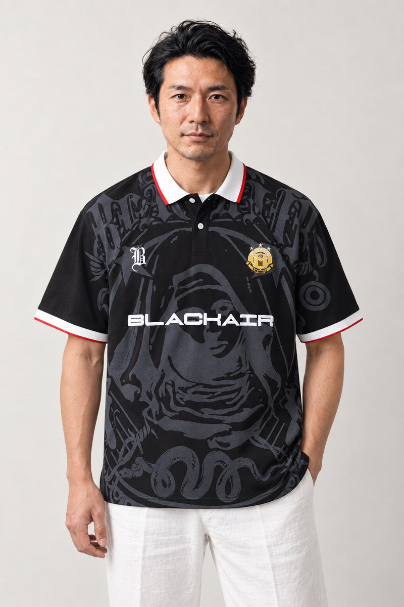 Gothic Football Jersey Shirt 'Kokuin' – black version of the gothic football jersey shirt, front view on model