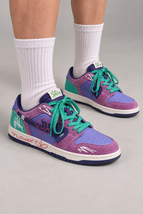 Graffiti Flower Skate Sneakers 'Hanamoji' – purple and teal skate sneakers with graffiti flower doodle print, Japanese streetwear sneakers worn with white socks, on model