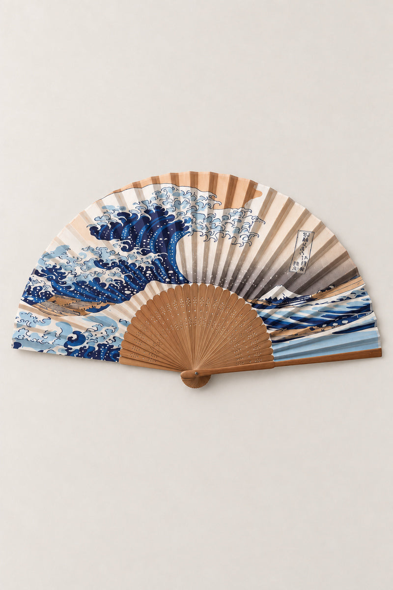 Great Wave Folding Fan 'Onami' – folding fan printed with Hokusai's great wave off Kanagawa and Mount Fuji, Japanese folding sensu fan with bamboo ribs, open, studio view