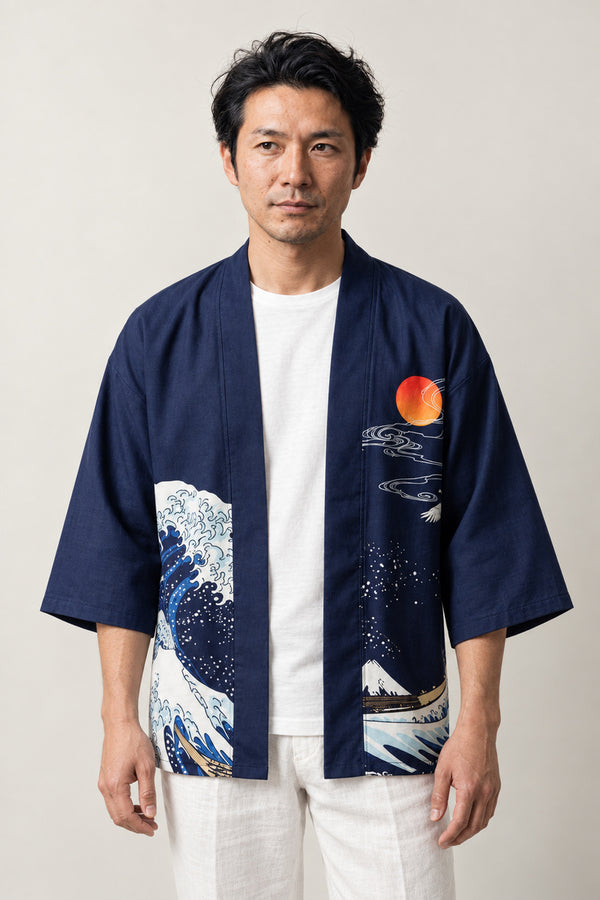 Great Wave Japanese Haori 'Namiura' – navy haori jacket with Hokusai great wave and red sun print, unisex Japanese kimono style cardigan, front view on model