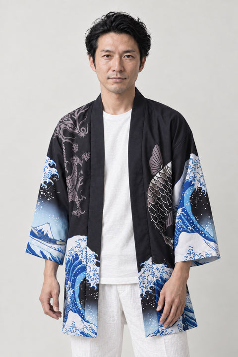 Great Wave Koi Happi Coat 'Namigoi' – black happi coat with Hokusai great wave and koi carp print, Japanese happi coat, unisex festival jacket, front view on model