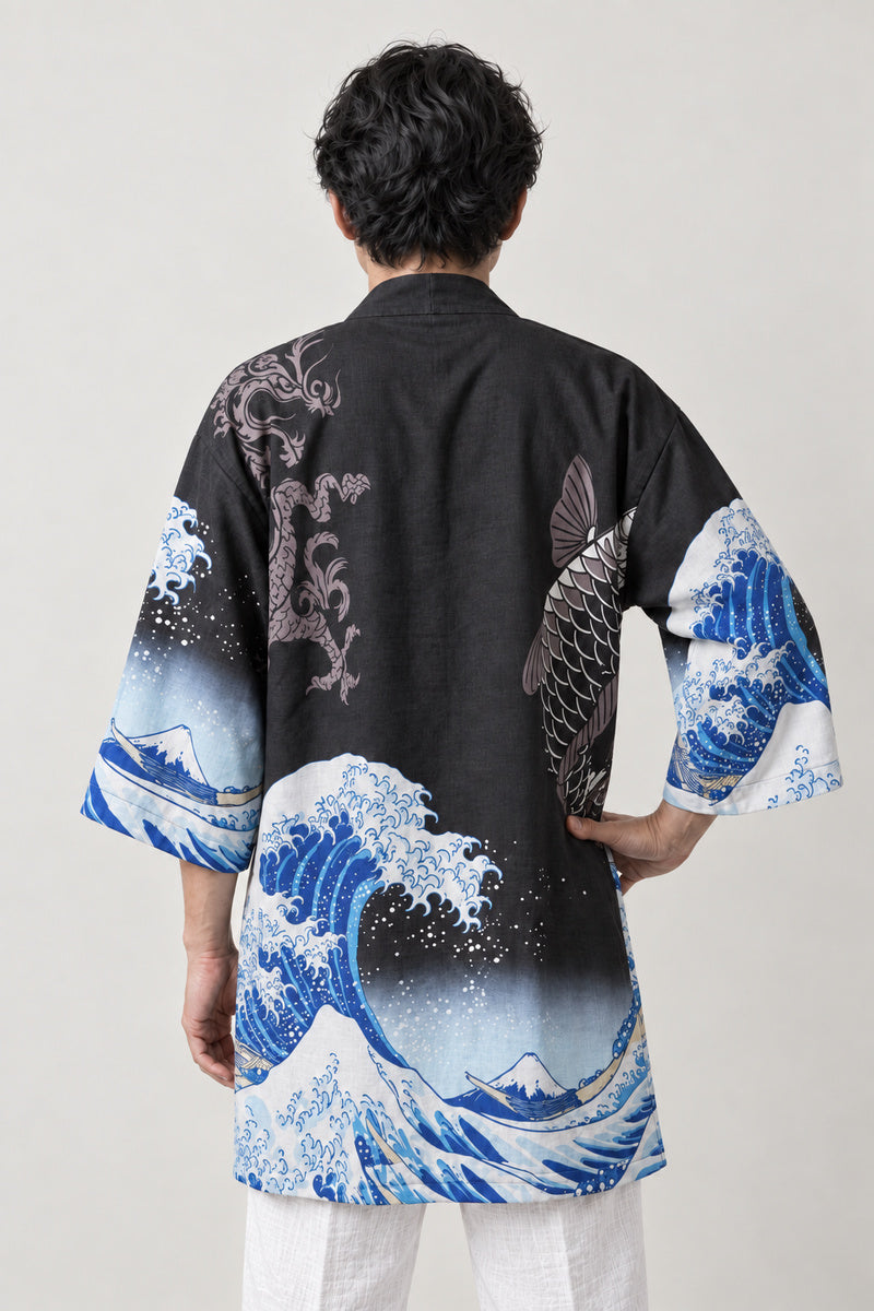 Great Wave Koi Happi Coat 'Namigoi' – back view of black happi coat showing the great wave off Kanagawa print