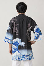 Great Wave Koi Happi Coat 'Namigoi' – back view of black happi coat showing the great wave off Kanagawa print
