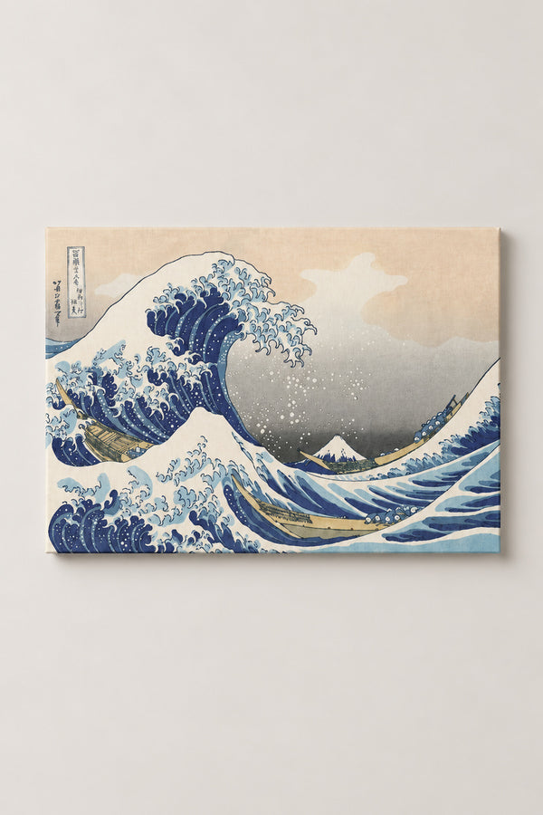 Great Wave off Kanagawa Poster 'Daiha' – The Great Wave off Kanagawa, three boats under the wave with Fuji from Hokusai's Thirty-six Views of Mount Fuji, ukiyo-e canvas print on wooden frame, Japanese wall art, studio view