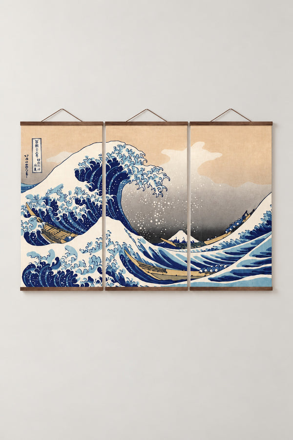 Great Wave Triptych Canvas 'Sanrenfuku' – The Great Wave off Kanagawa from Hokusai's Thirty-six Views of Mount Fuji, three-panel triptych on wooden hanging rails, Japanese wall art, studio view