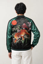 Green Bamboo Tiger Sukajan 'Takeyabu' – back view of black and green sukajan showing the embroidered tiger, bamboo and red sun