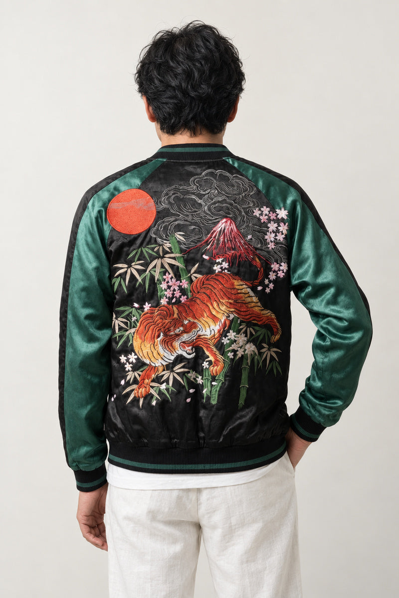 Green Bamboo Tiger Sukajan 'Takeyabu' – back view of black and green sukajan showing the embroidered tiger, bamboo and red sun